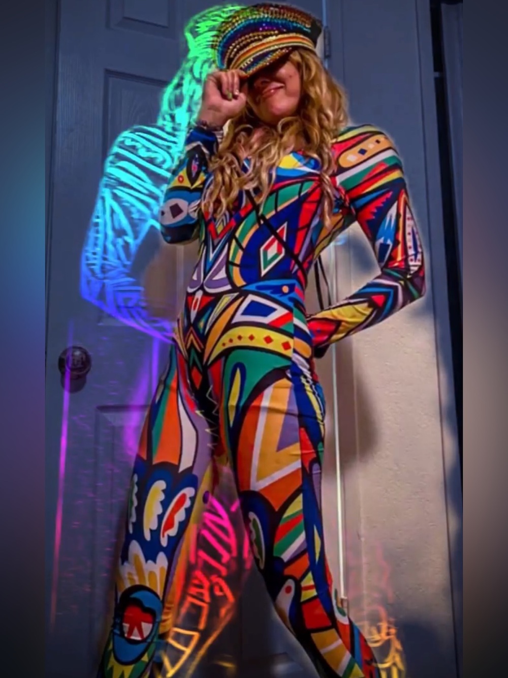 Abstract dmt Print Catsuit Jumpsuit | Festival Rave Bodysuit Long Sleeve | M